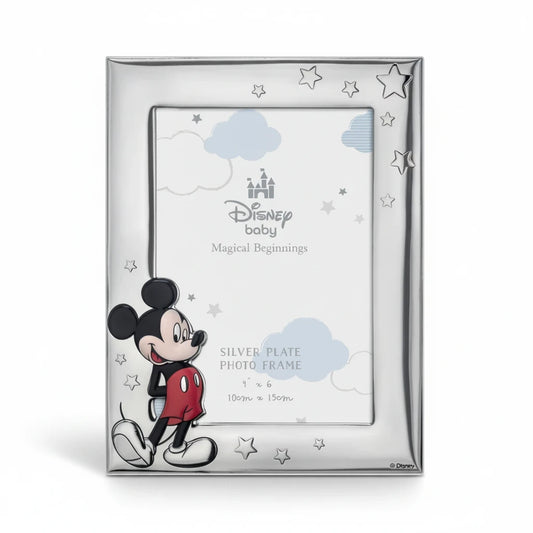 Cornice portafoto FotoGrafica in silver con Topolino Disney Baby, decorata con stelle per nascita e battesimo