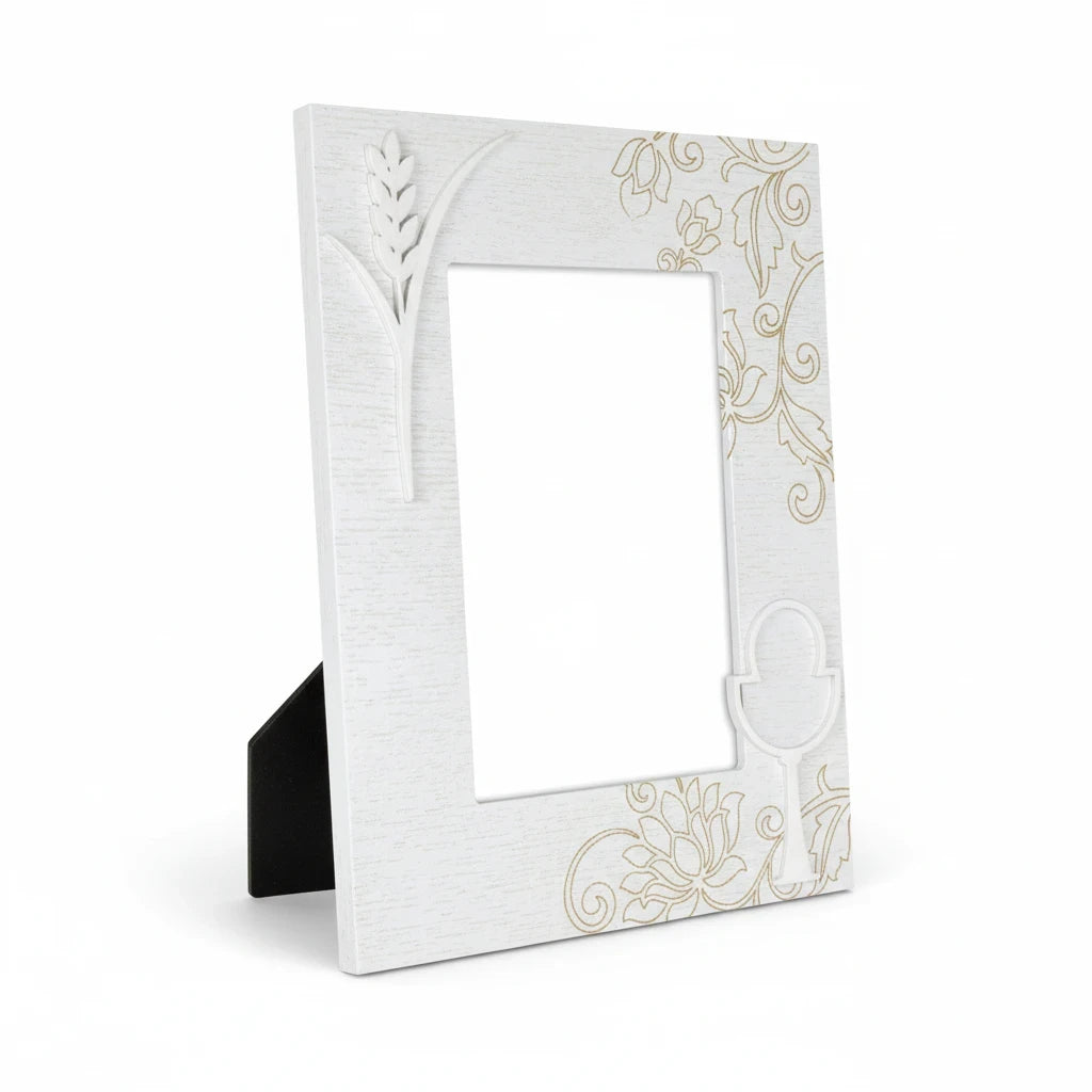 Cornice portafoto FotoGrafica bianca 10x15 per Prima Comunione con decorazioni a spiga e calice in stile elegante