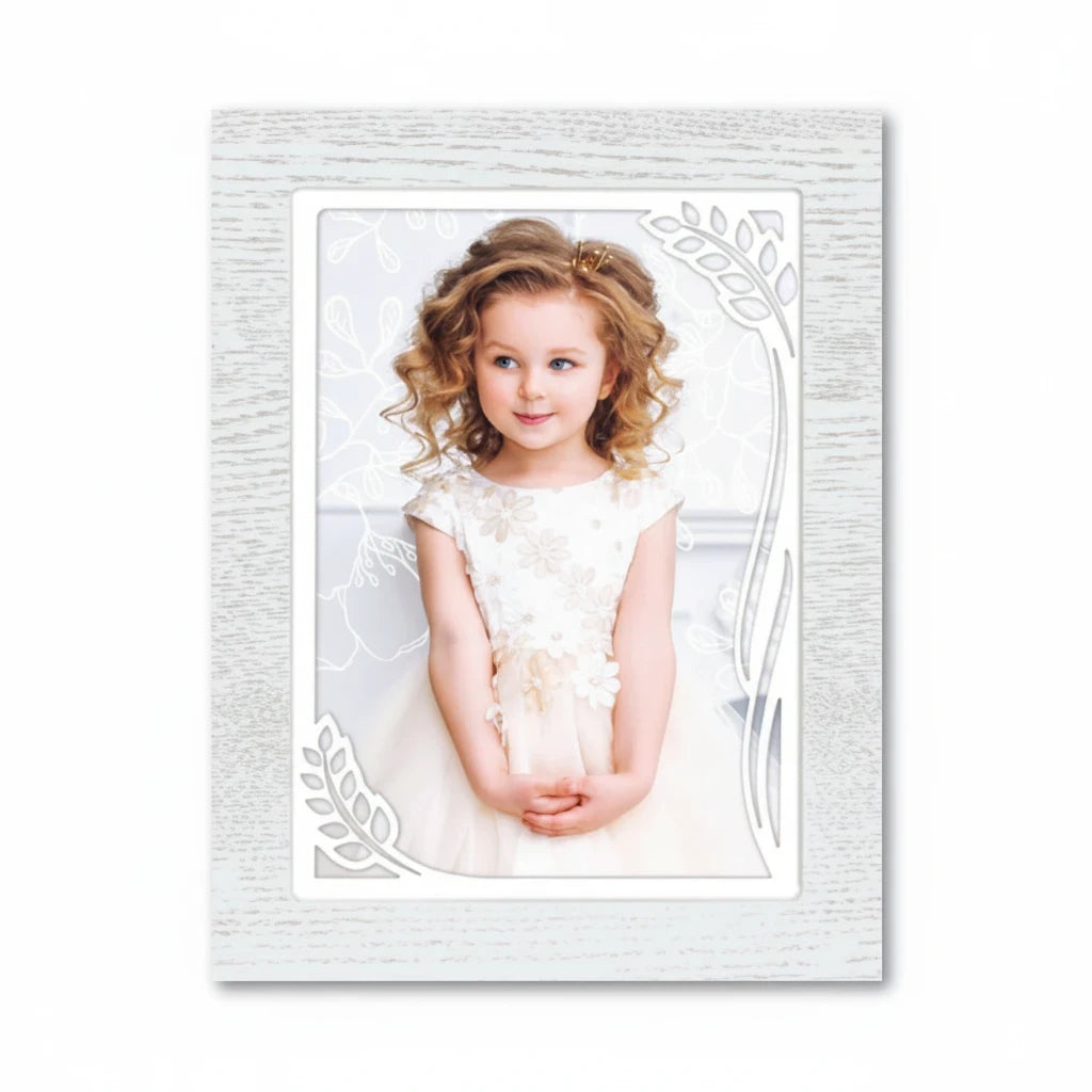 Cornice portafoto FotoGrafica bianca 10x15 per Prima Comunione con decorazioni a foglie, stile sobrio ed elegante