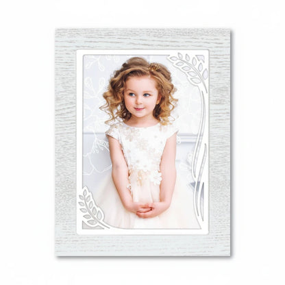 Cornice portafoto FotoGrafica bianca 10x15 per Prima Comunione con decorazioni a foglie, stile sobrio ed elegante