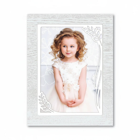 Cornice portafoto FotoGrafica bianca 10x15 per Prima Comunione con decorazioni a foglie, stile sobrio ed elegante