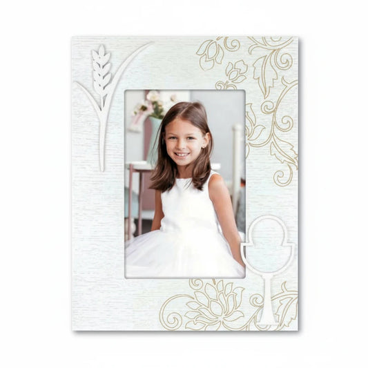 Cornice portafoto FotoGrafica per Prima Comunione 10x15 cm con decorazioni floreali, spiga e calice in rilievo