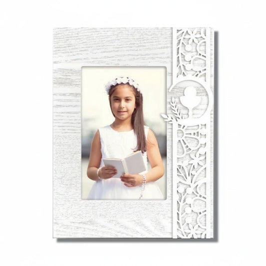 Cornice portafoto FotoGrafica per Prima Comunione 10x15 cm in legno bianco con decoro traforato a tema religioso