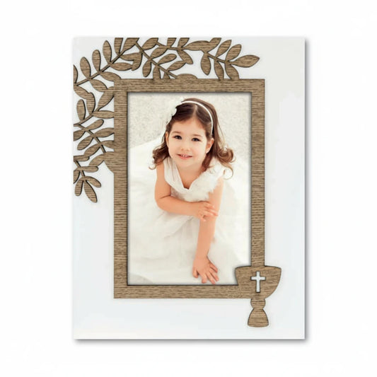 Cornice portafoto FotoGrafica per Prima Comunione 10x15 cm in legno bianco e naturale con decoro a foglie e calice