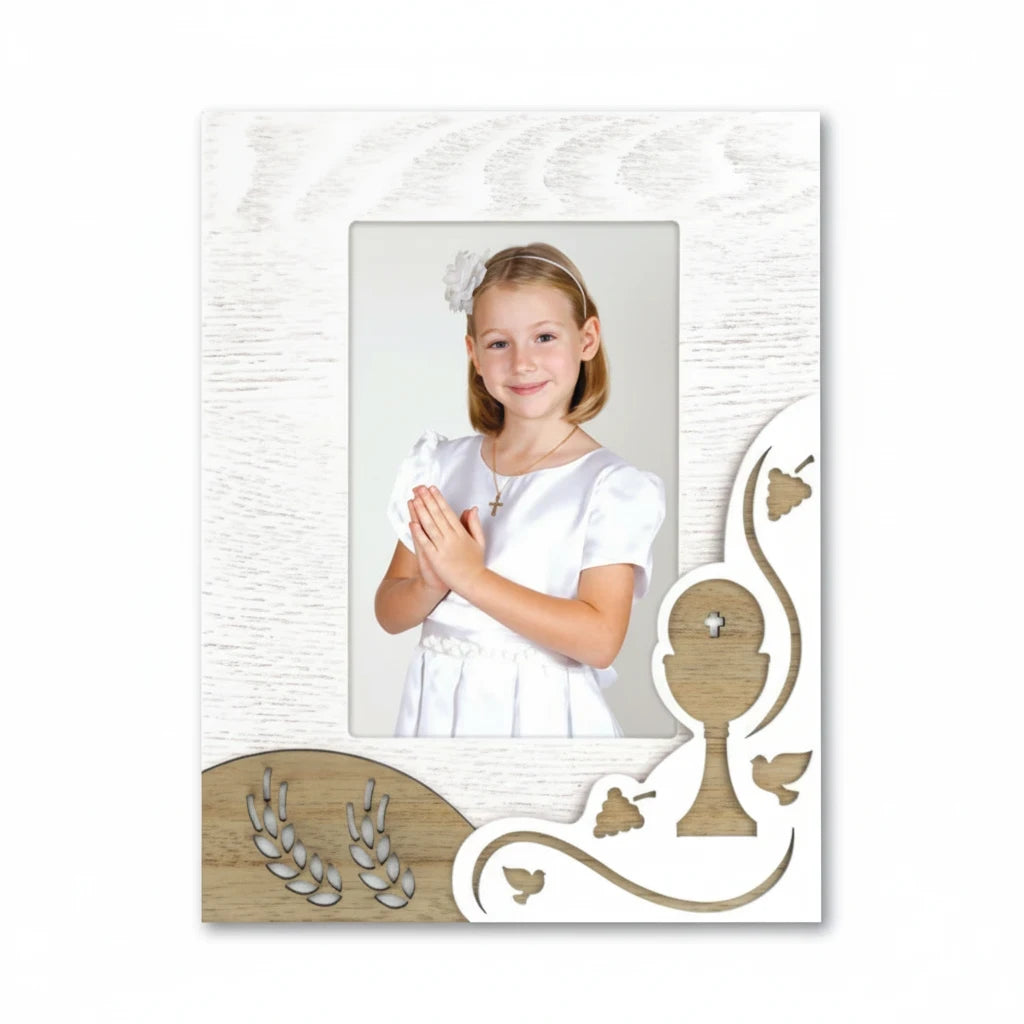 Cornice portafoto FotoGrafica per Prima Comunione 10x15 cm in legno bianco con decorazioni a calice e spighe