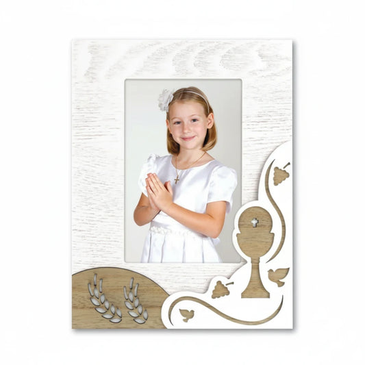 Cornice portafoto FotoGrafica per Prima Comunione 10x15 cm in legno bianco con decorazioni a calice e spighe