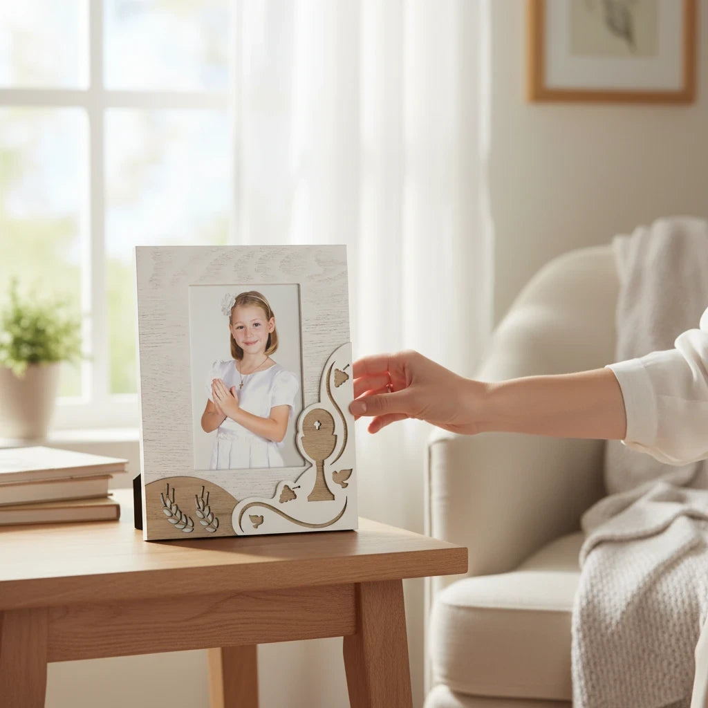 Cornice portafoto FotoGrafica per Prima Comunione in legno bianco e naturale con decorazioni a tema religioso