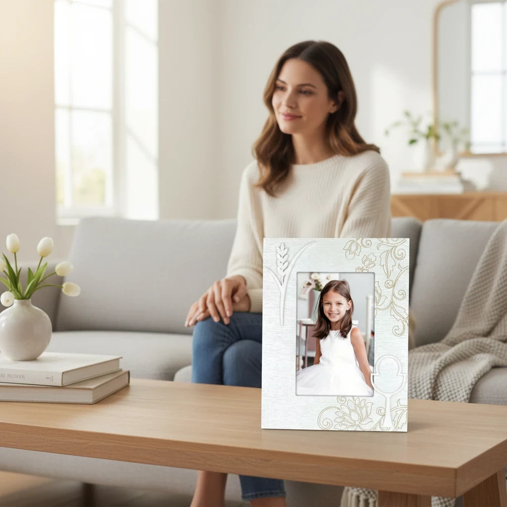 Cornice portafoto FotoGrafica per Prima Comunione 10x15 cm con decorazioni floreali e spiga su tavolo in legno