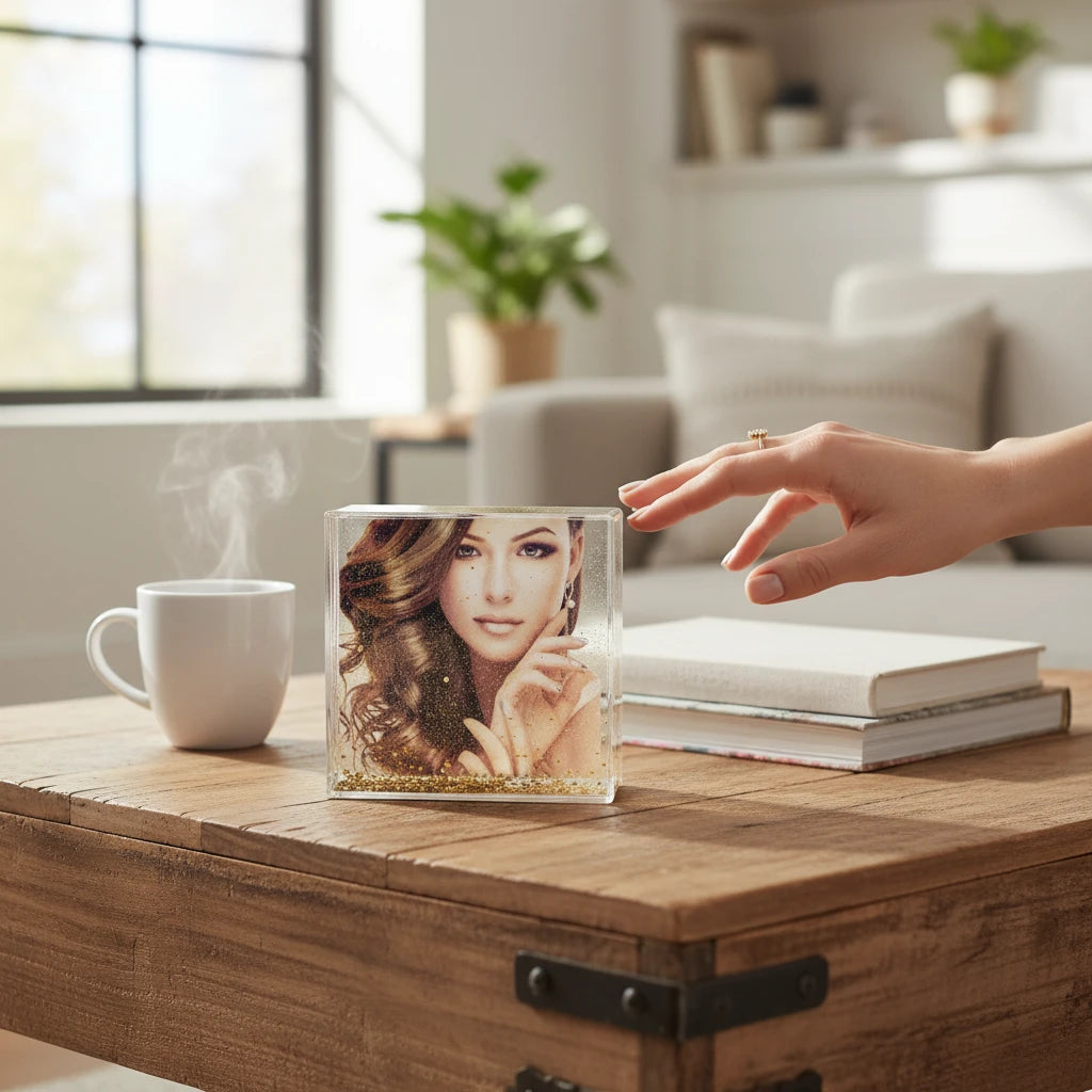 FotoGrafica cornice quadrata personalizzata con glitter dorati e foto, posizionata su un tavolo in legno in salotto.