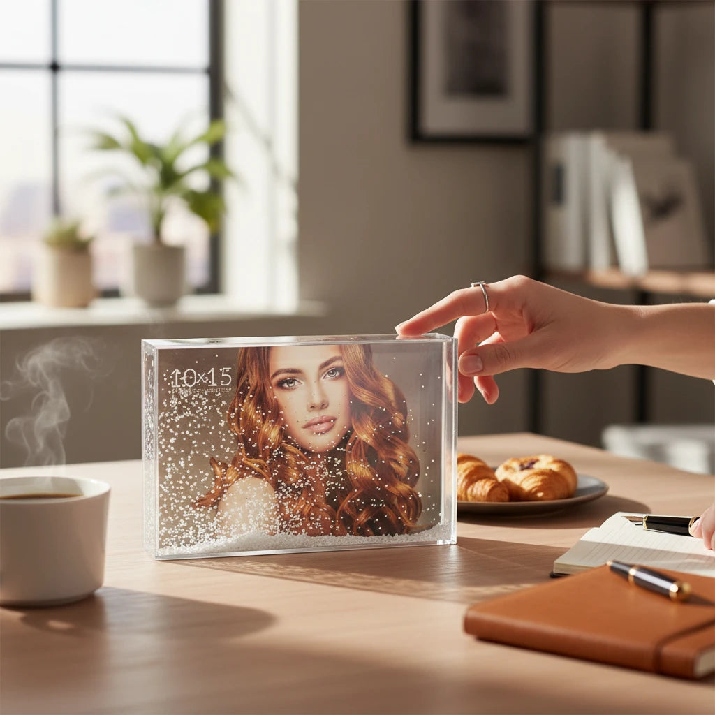 Cornice rettangolare FotoGrafica 10x15 con liquido e glitter bianchi che circondano una fotografia personalizzata