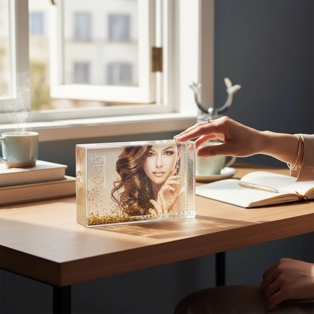Cornice rettangolare FotoGrafica con glitter dorati e liquido, formato 10x15 cm su scrivania in legno