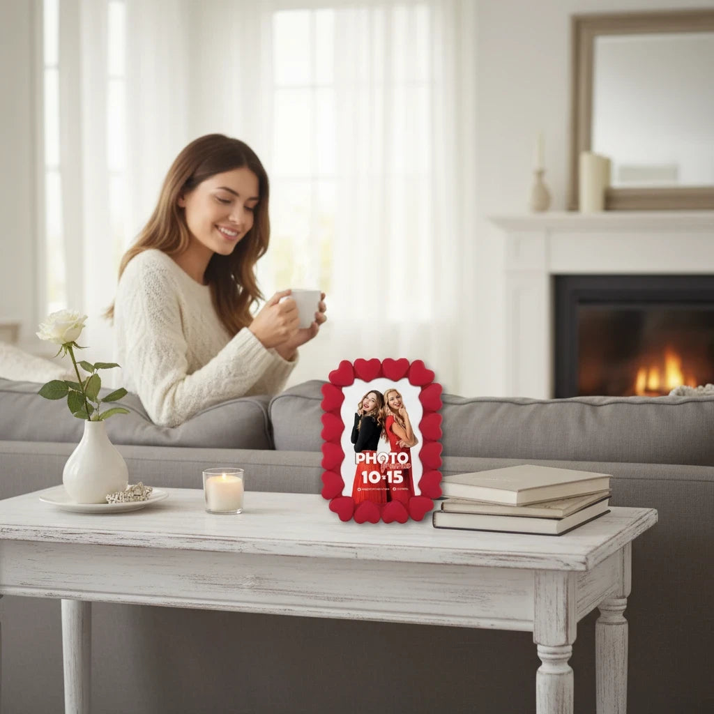 Cornice da tavolo FotoGrafica Love in legno rosso con decorazioni a forma di cuore su un tavolino bianco in salotto