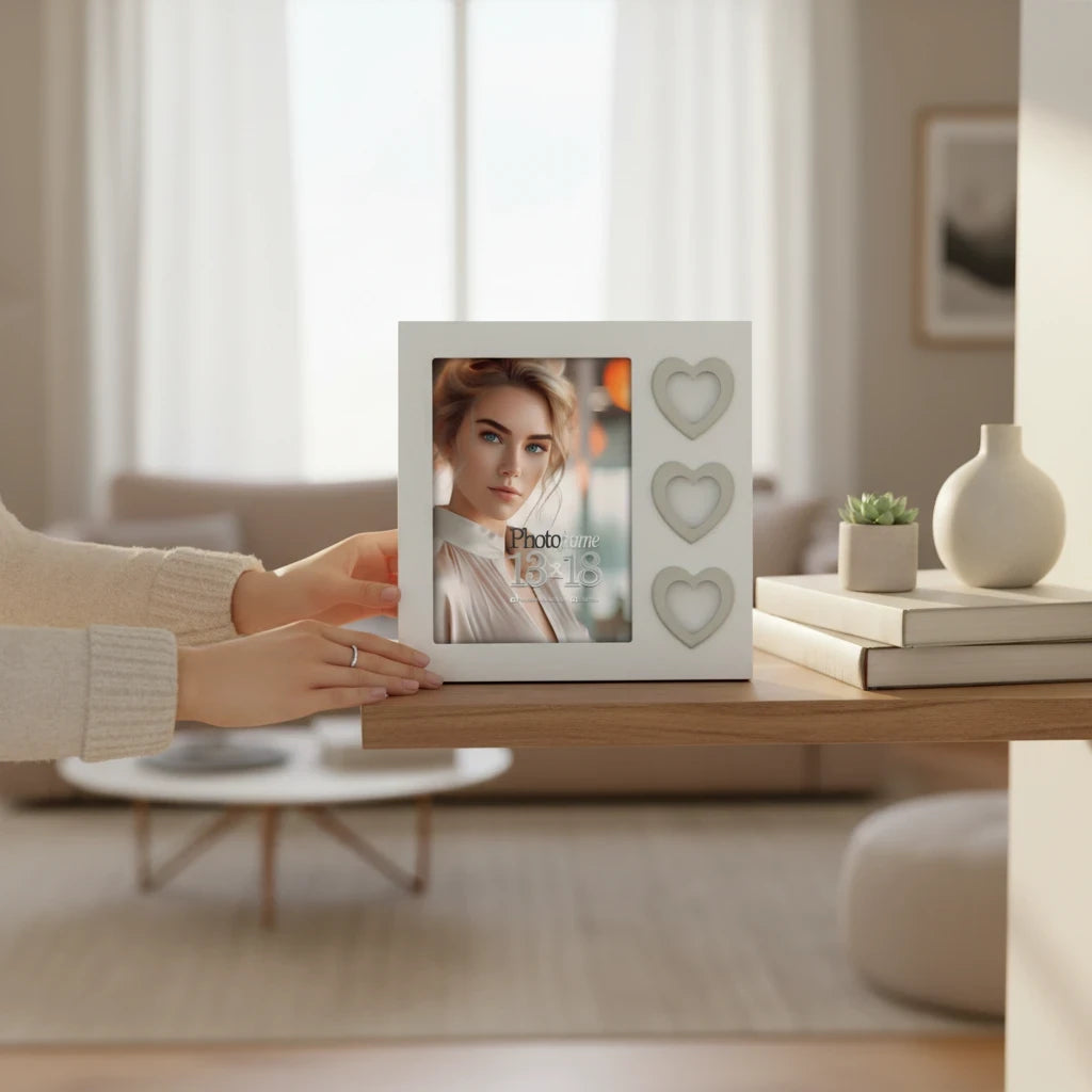 Cornice da tavolo FotoGrafica bianca in legno con tre cuori decorativi, ideale per foto romantiche su mobile