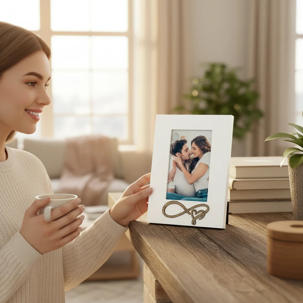 Donna sorridente tiene una cornice da tavolo FotoGrafica bianca in legno con decorazione a infinito e cuore