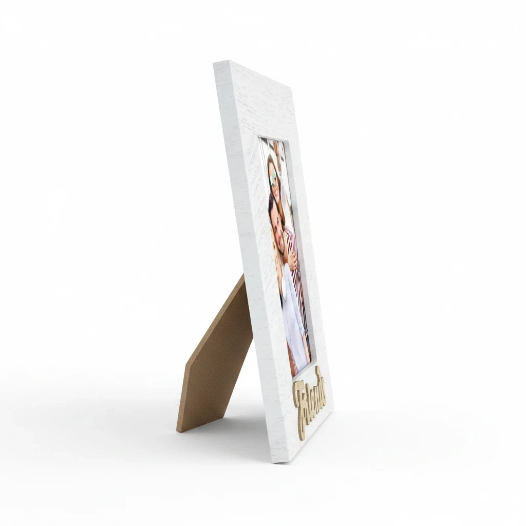 Cornice da tavolo FotoGrafica in legno bianco con scritta decorativa, ideale per foto di famiglia