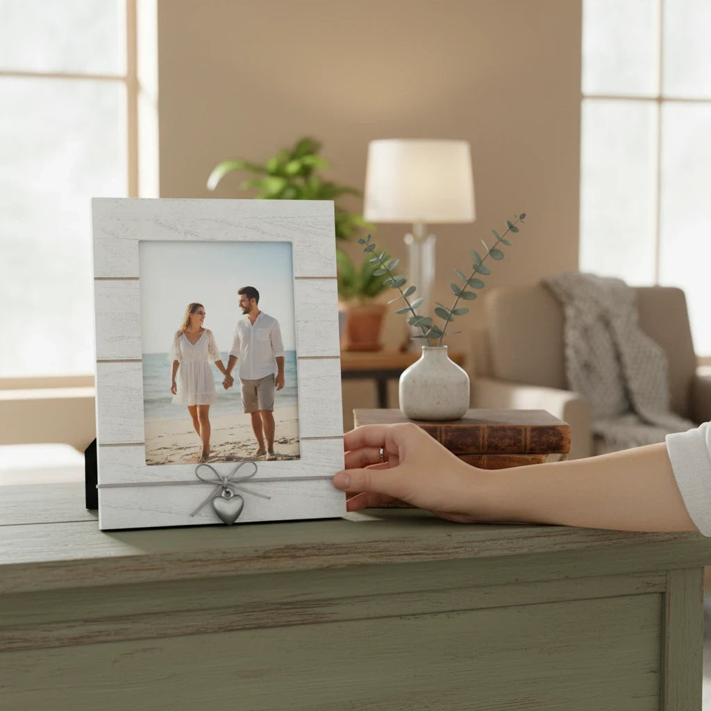 Cornice da tavolo FotoGrafica in legno bianco con decorazione a cuore, ideale per foto romantiche su mobile