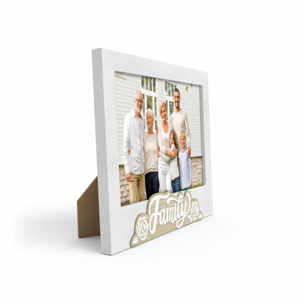 Cornice da tavolo FotoGrafica in legno bianco con scritta Family e decorazioni floreali per foto di famiglia