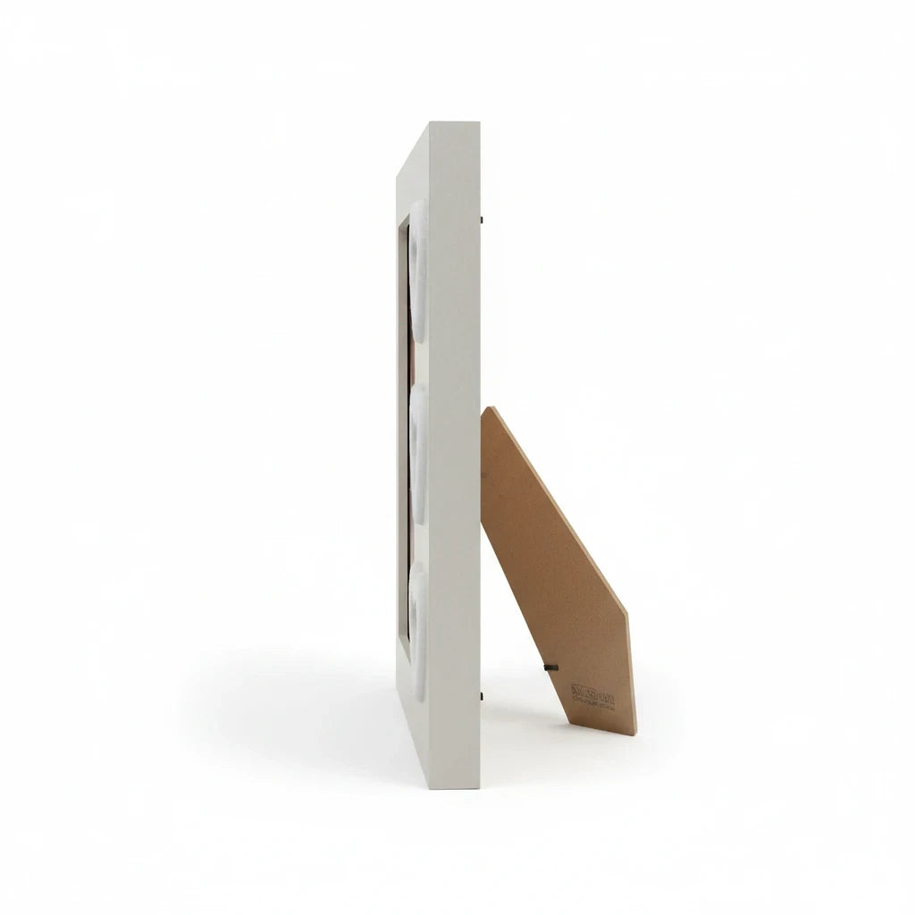 Cornice da tavolo FotoGrafica Love in legno bianco con supporto posteriore, vista laterale
