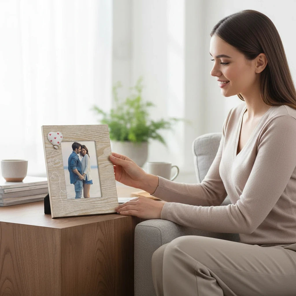 Donna sorridente che tiene una cornice da tavolo FotoGrafica in legno chiaro con decorazione a cuore e scritta Love