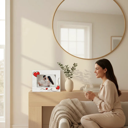 Cornice da tavolo FotoGrafica in legno bianco con decorazioni a cuore rosse, ideale per foto romantiche