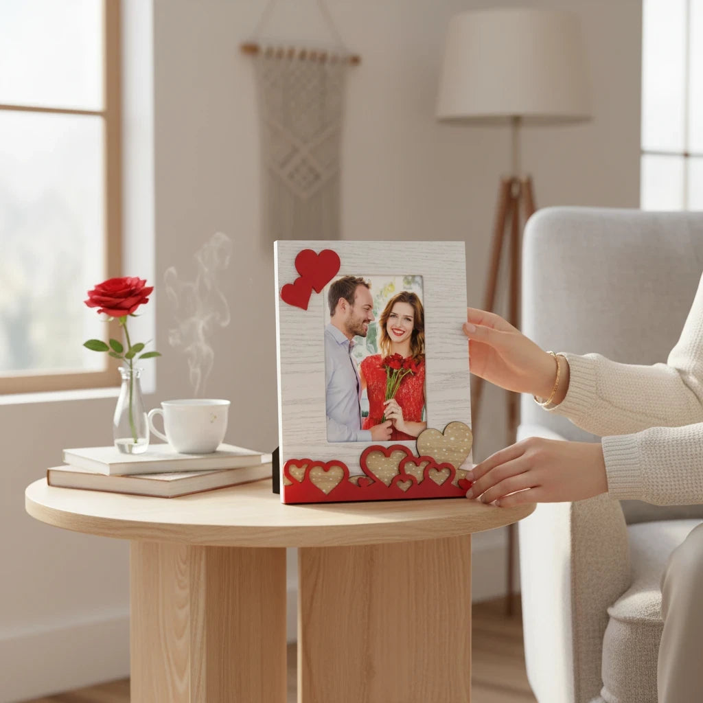 Cornice da tavolo FotoGrafica in legno bianco e rosso con decorazioni a forma di cuore per foto romantiche