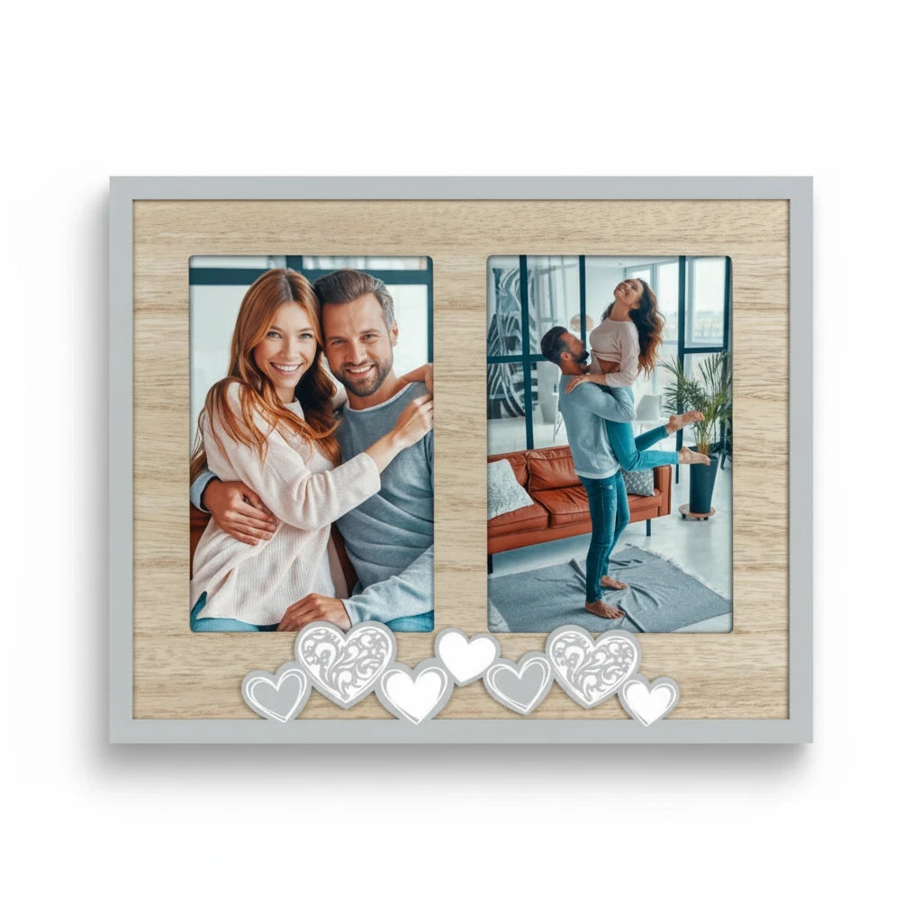 Cornice da tavolo FotoGrafica in legno con decorazioni a forma di cuore per due foto, stile romantico