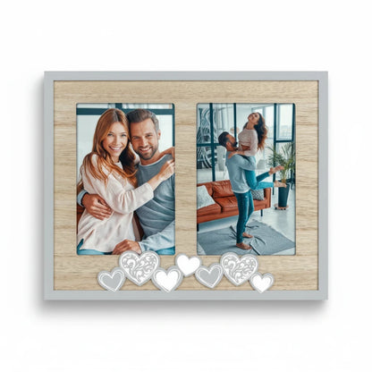Cornice da tavolo FotoGrafica in legno con decorazioni a forma di cuore per due foto, stile romantico
