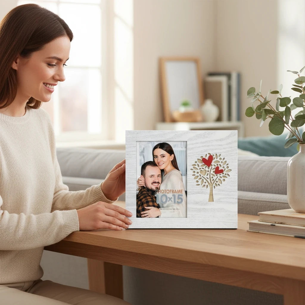 Donna sorridente tiene una cornice da tavolo FotoGrafica in legno bianco con decorazione ad albero e cuori rossi