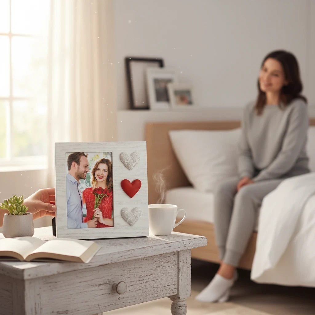Cornice da tavolo FotoGrafica in legno bianco con decorazioni a cuore, ideale per foto romantiche in camera da letto.