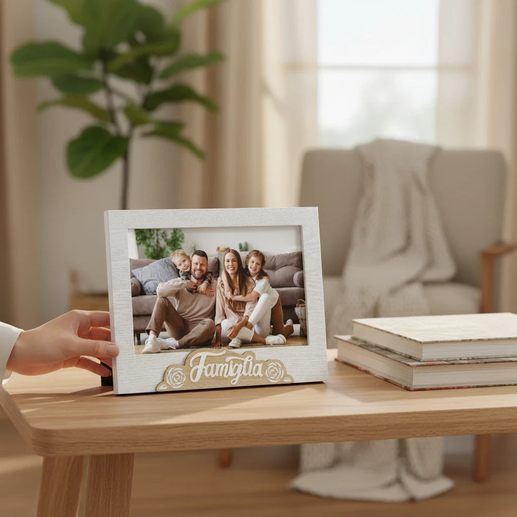 Cornice da tavolo FotoGrafica in legno bianco con scritta Famiglia e decorazioni floreali su un tavolino in legno