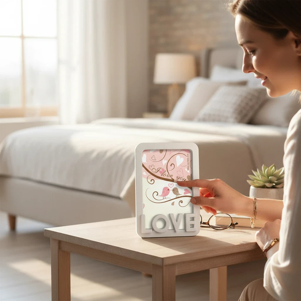 Cornice da tavolo FotoGrafica Love in legno bianco con decorazioni romantiche su un tavolino in camera da letto
