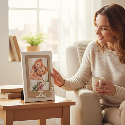 Donna sorridente tiene una cornice da tavolo in legno FotoGrafica con scritta decorativa e cuori su un tavolino