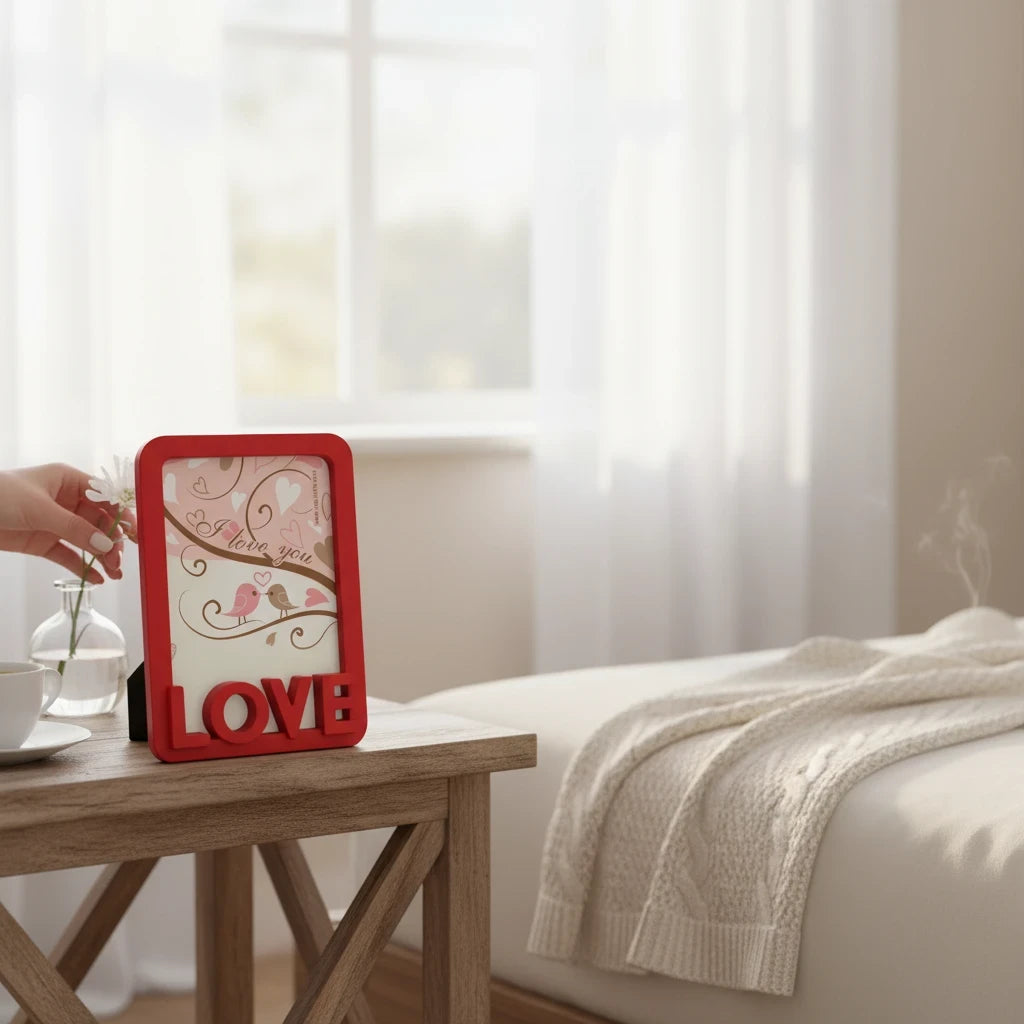 Cornice da tavolo FotoGrafica Love in legno rosso con decorazioni romantiche su un tavolino in camera da letto