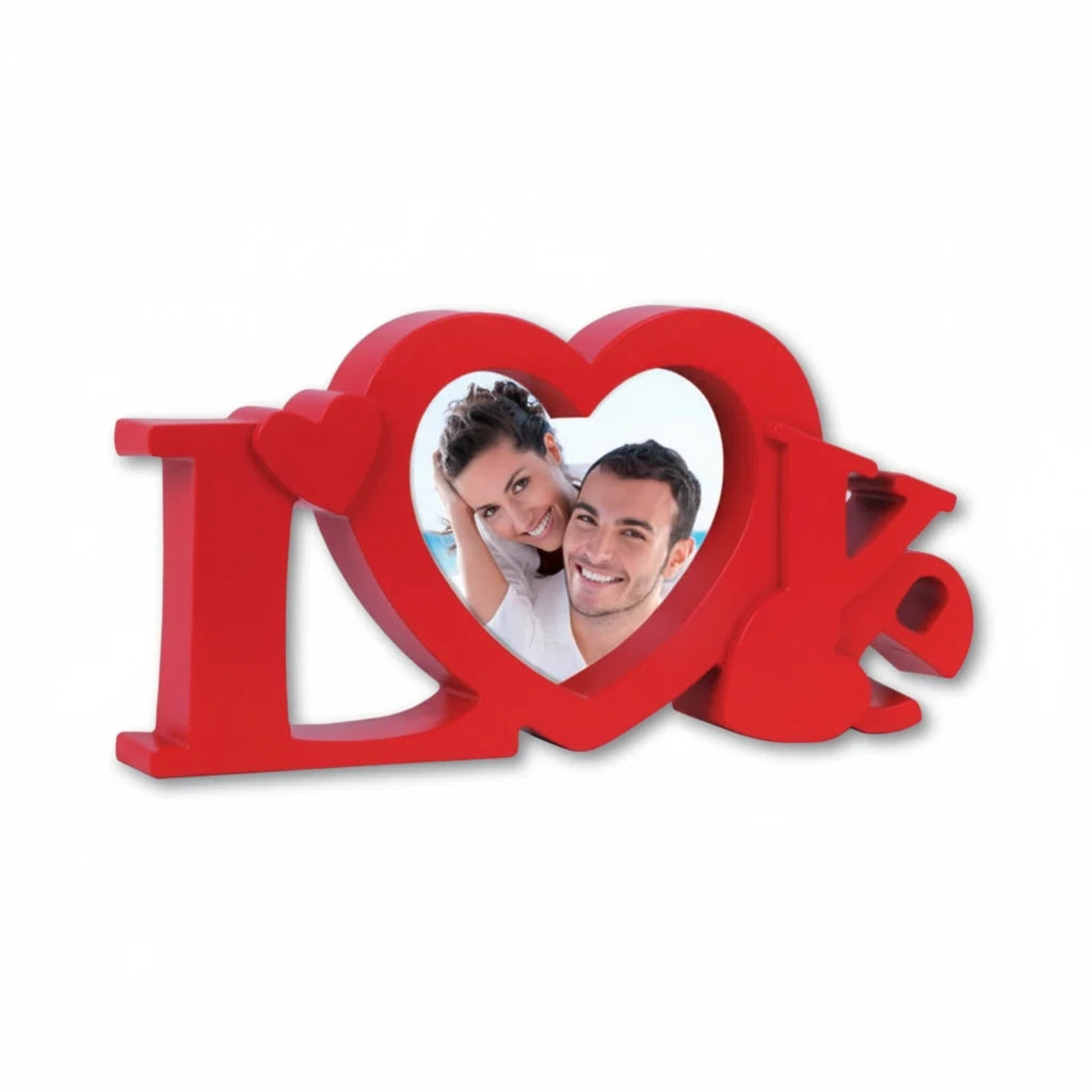 Cornice da tavolo FotoGrafica rossa a forma di scritta Love con cuore centrale per foto di coppia romantica