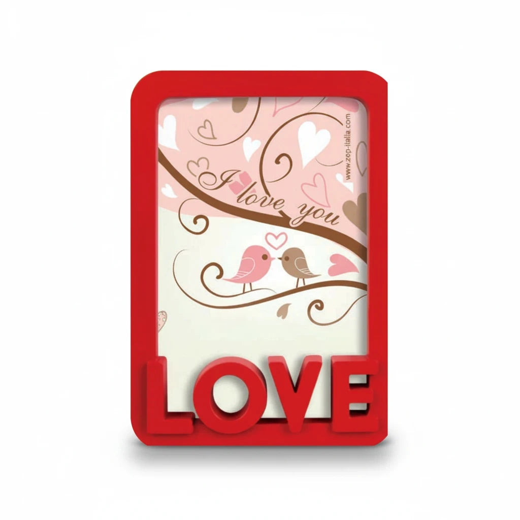 Cornice da tavolo FotoGrafica rossa in legno con scritta Love e decorazione romantica per foto