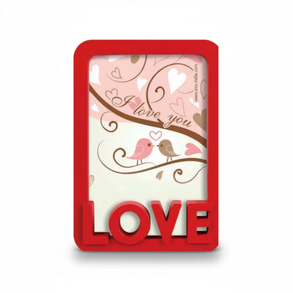 Cornice da tavolo FotoGrafica rossa in legno con scritta Love e decorazione romantica per foto