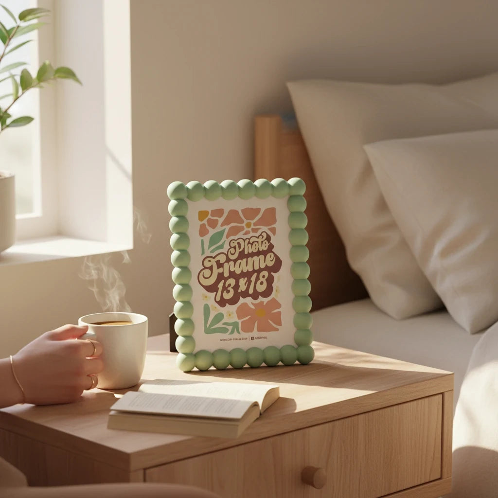 Cornice portafoto da tavolo FotoGrafica verde pastello con bordo a sfere su comodino accanto a una tazza di caffè