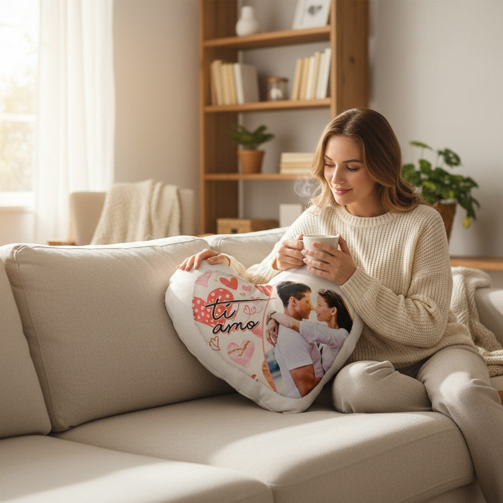 Donna seduta sul divano abbraccia un cuscino a cuore personalizzato FotoGrafica con foto di coppia e scritta ti amo