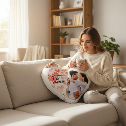 Donna seduta sul divano abbraccia un cuscino a cuore personalizzato FotoGrafica con foto di coppia e scritta ti amo