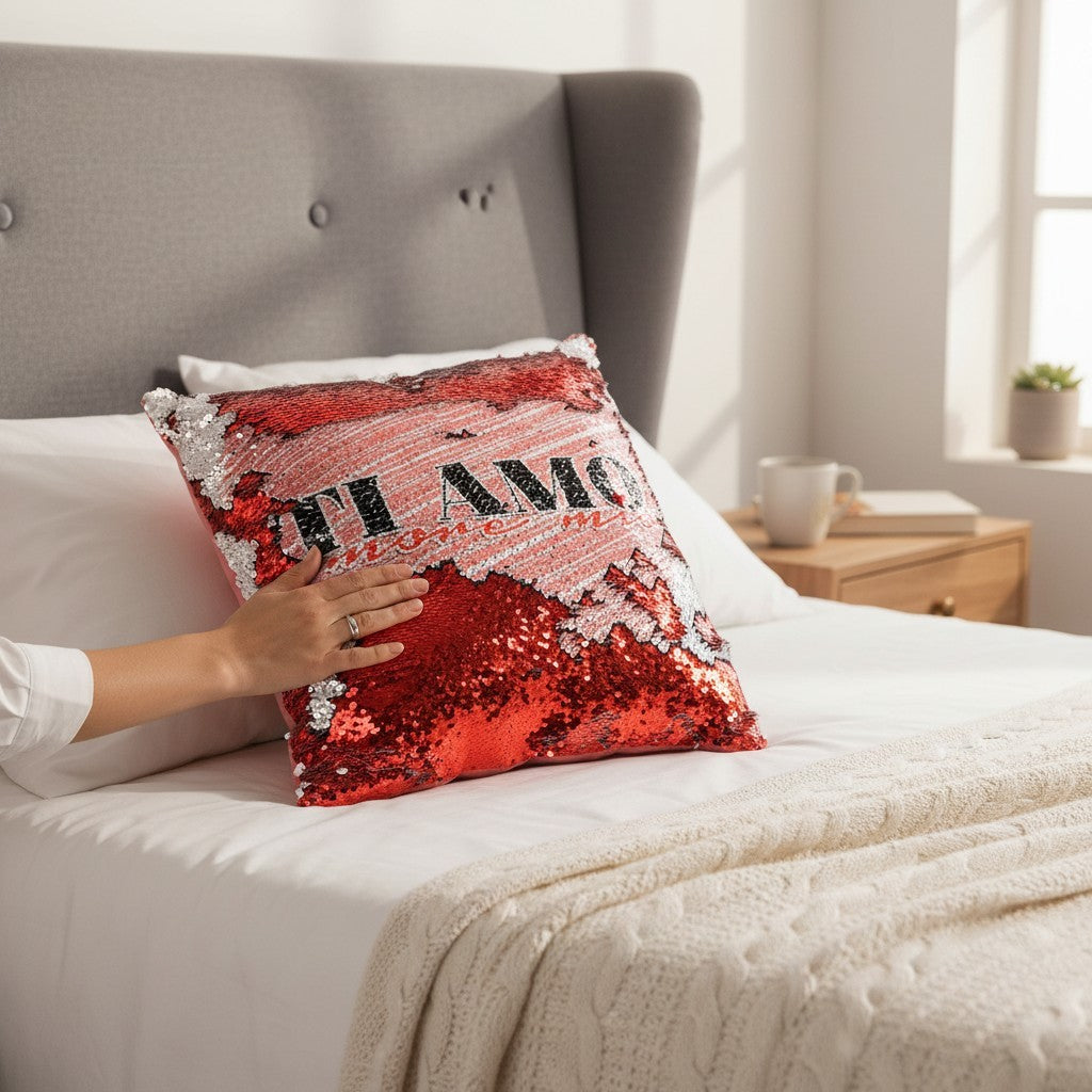 Cuscino FotoGrafica con paillettes reversibili rosse e argento che rivelano la scritta Ti Amo al passaggio della mano