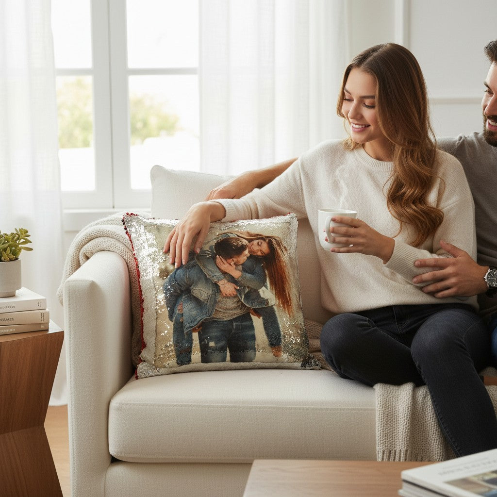 Cuscino FotoGrafica con paillettes reversibili personalizzato con una foto di coppia su un divano moderno