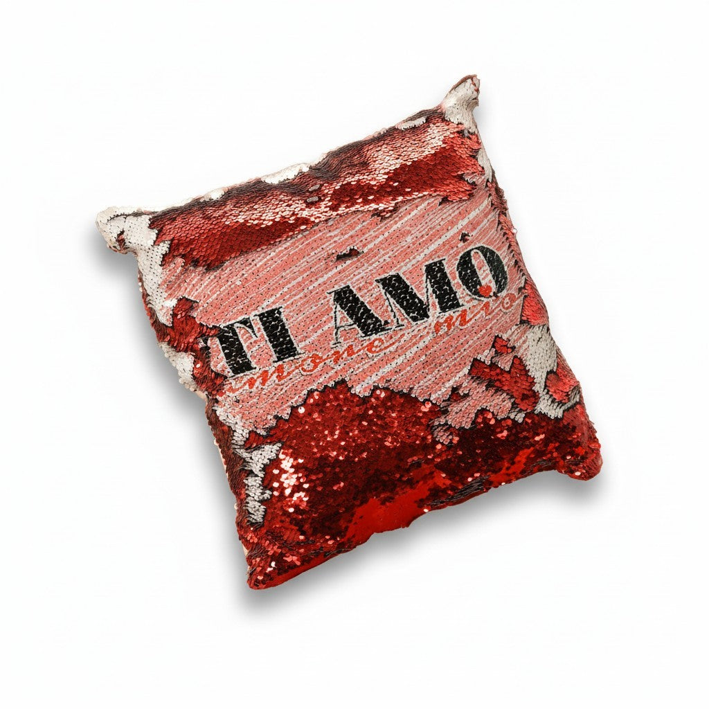 Cuscino FotoGrafica con paillettes reversibili rosse e bianche che rivelano la scritta Ti Amo