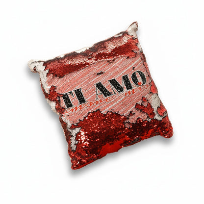 Cuscino FotoGrafica con paillettes reversibili rosse e bianche che rivelano la scritta Ti Amo