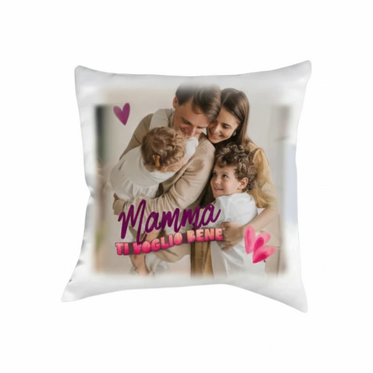 Cuscino d'Arredo Personalizzato FotoGrafica bianco con stampa fotografica di famiglia e dedica Mamma ti voglio bene
