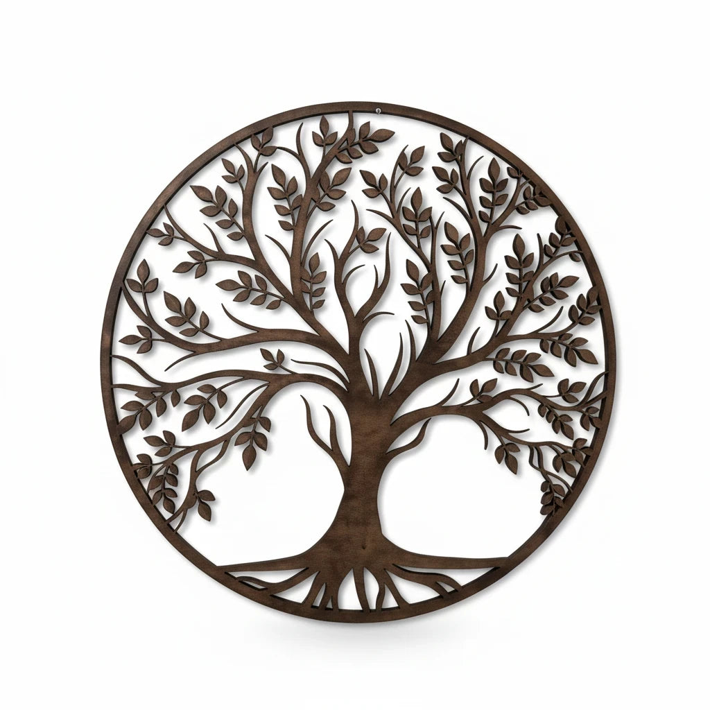Decorazione da parete FotoGrafica a forma di albero della vita in legno scuro con design circolare intagliato
