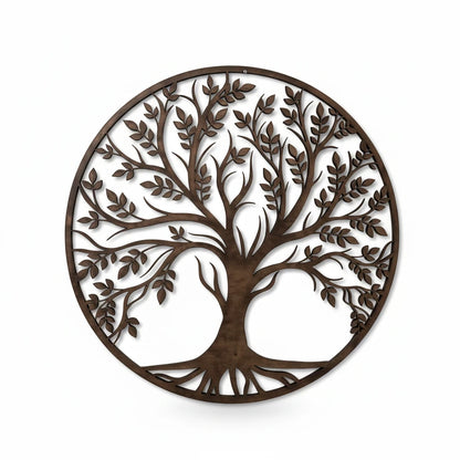 Decorazione da parete FotoGrafica a forma di albero della vita in legno scuro con design circolare intagliato