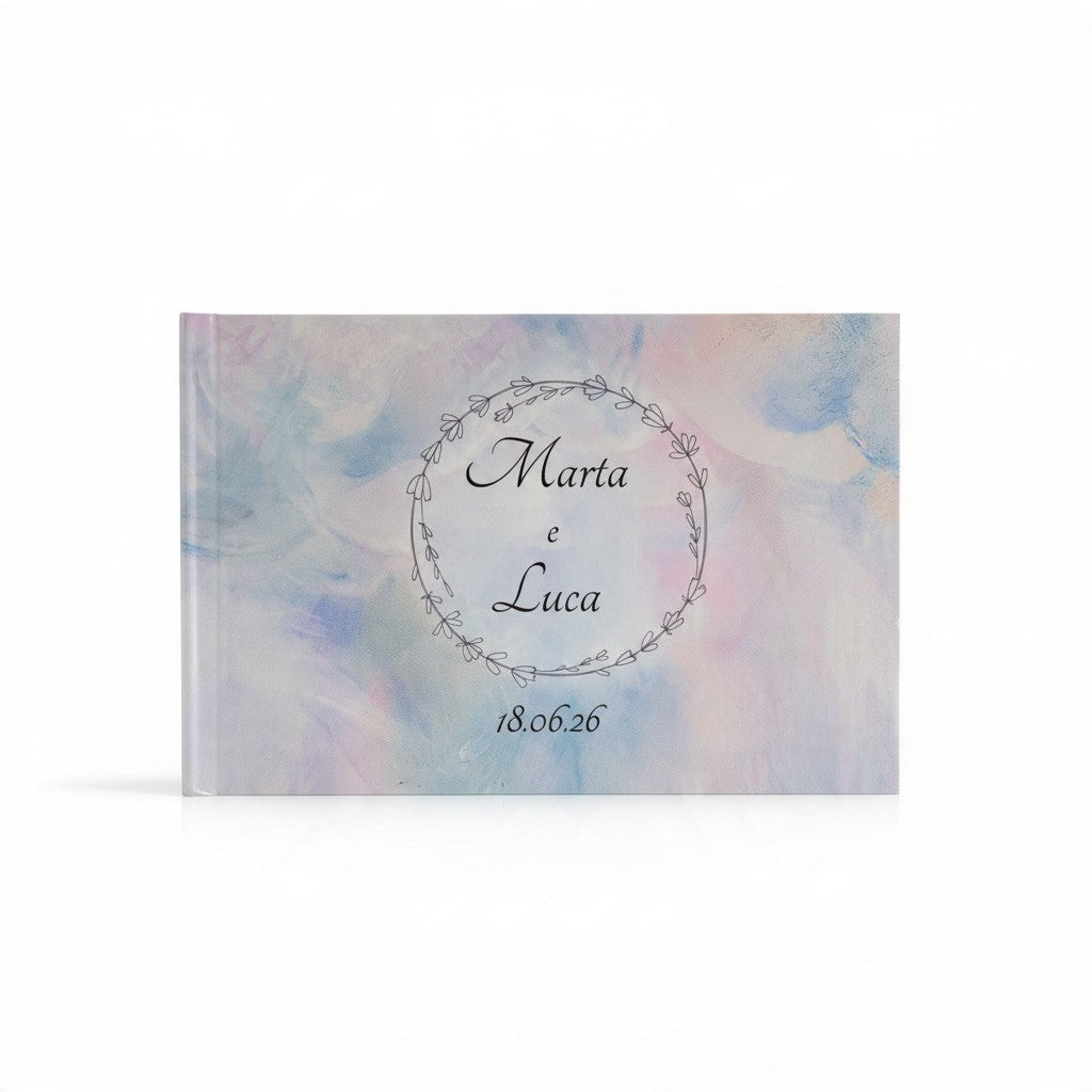 Fotolibro FotoGrafica con copertina rigida personalizzata, sfondo acquerello pastello e grafica floreale per matrimonio