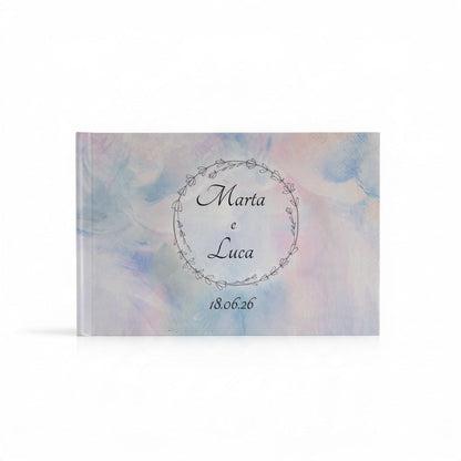 Fotolibro FotoGrafica con copertina rigida personalizzata, sfondo acquerello pastello e grafica floreale per matrimonio