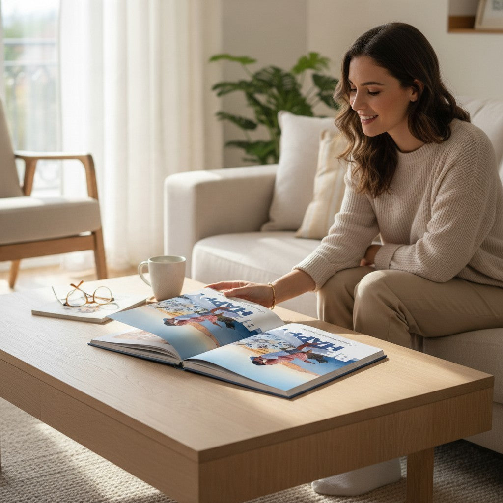Donna sorridente sfoglia un fotolibro offset verticale FotoGrafica di alta qualità su un tavolino in un salotto