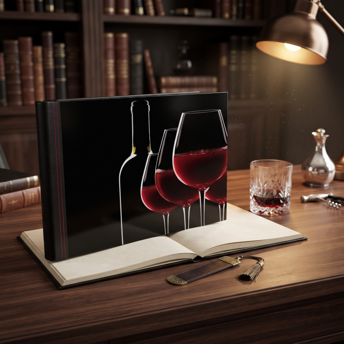 Fotolibro orizzontale FotoGrafica con copertina rigida nera e stampa di calici di vino su una scrivania in legno